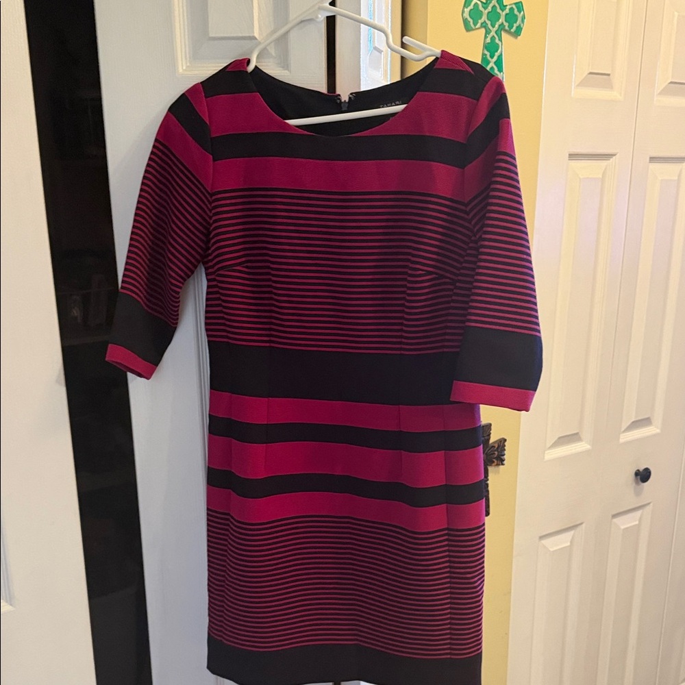 Tahari Black and Pink Striped Midi Dress